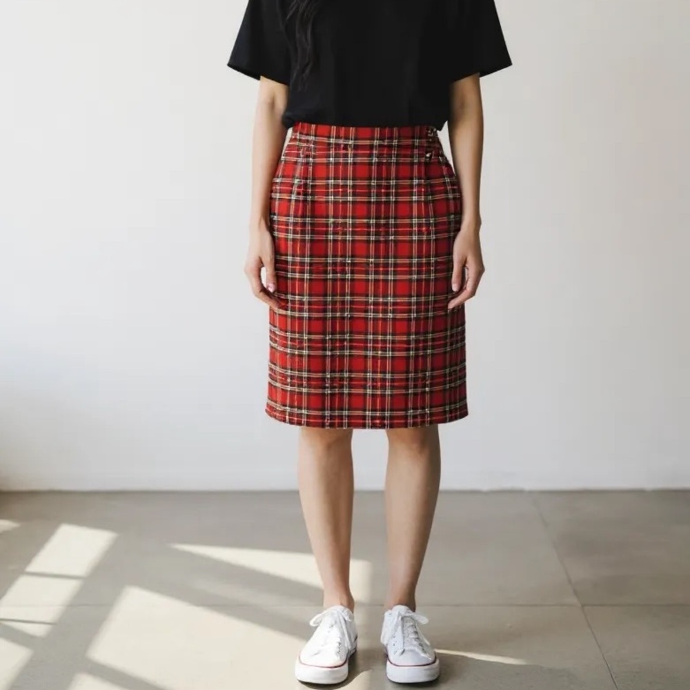 Vintage Eaton’s Red Plaid Wool Blend Kilt with Safety Pin | Girls Size 14
